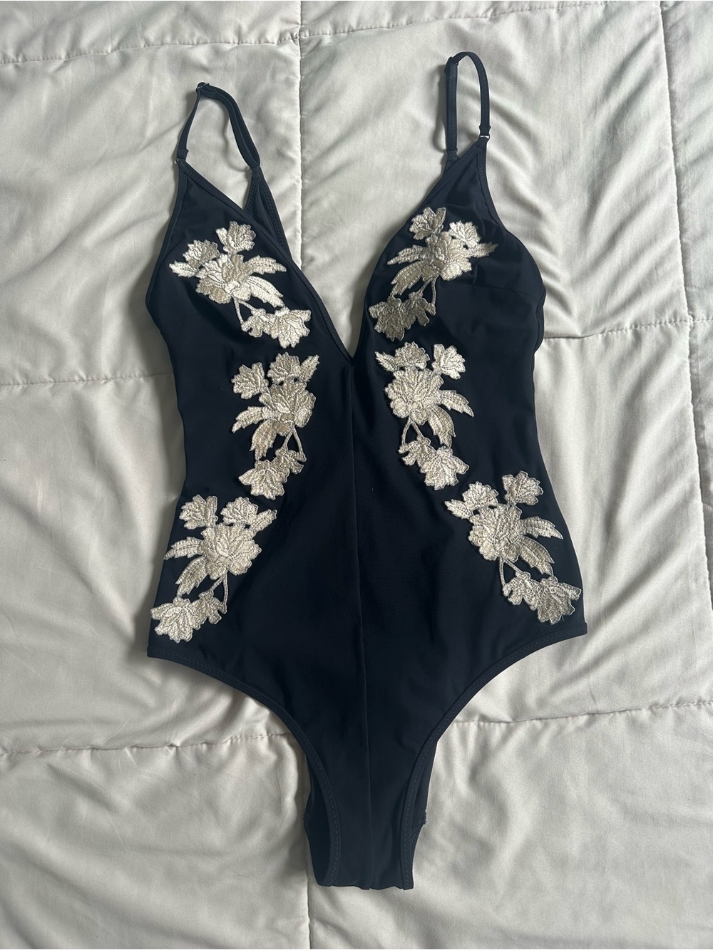 Simmer Black One-Piece Swimsuit with White Floral Appliqué